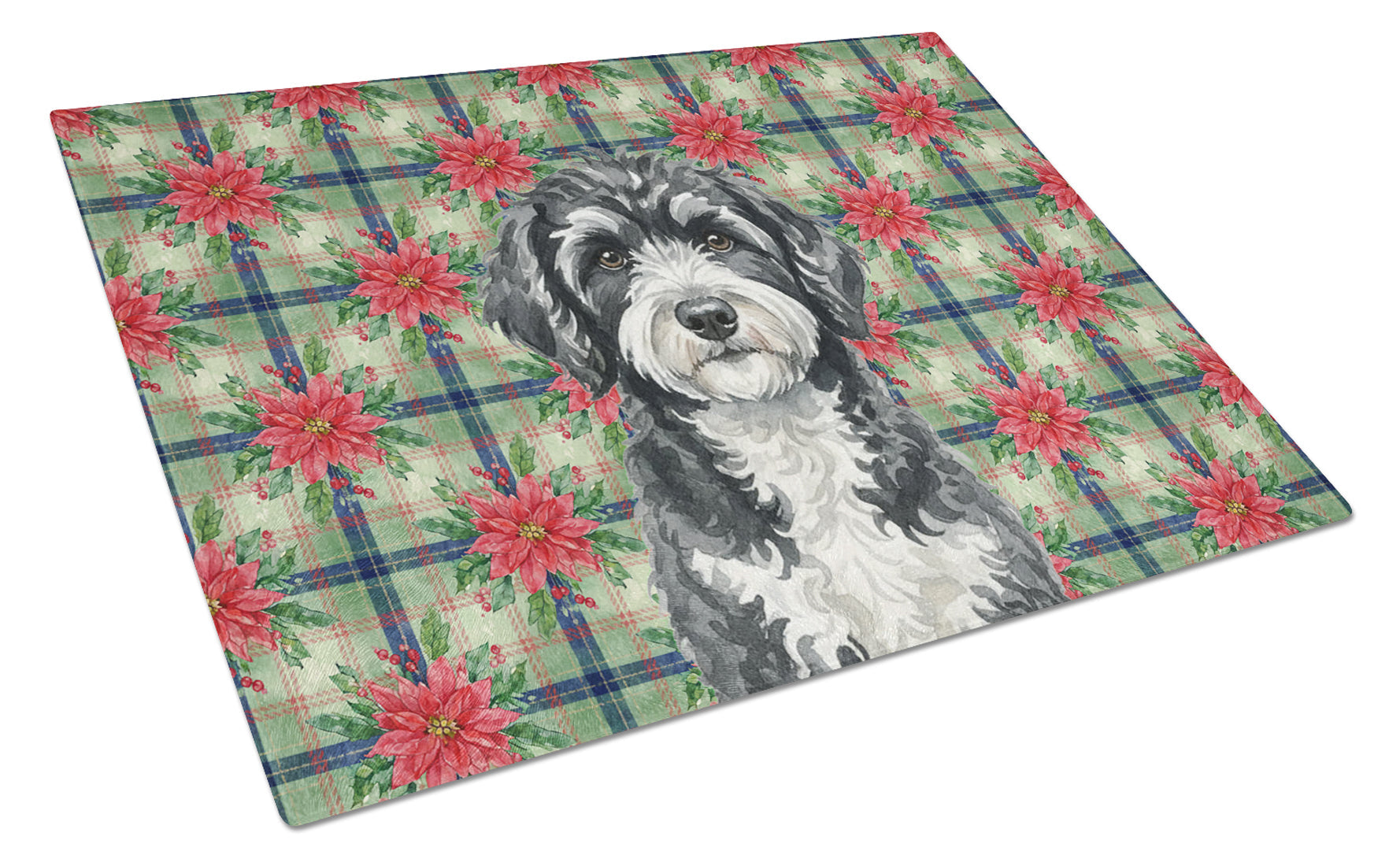 Portuguese Water Dog Christmas PoinsettIas Cutting Board Tempered Glass Kitchen Cutting Surface, Heat Resistant Chopping, Non-Slip Feet, Food Prep & Serving