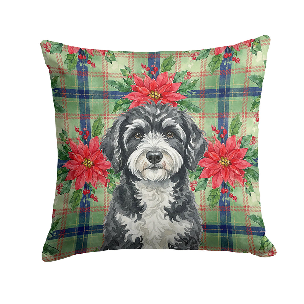 Portuguese Water Dog Christmas PoinsettIas Decorative Throw Pillow 14x14 Indoor Outdoor Accent Cushion, Fabric Cover with Insert for Sofa, Bed, Porch & Living Room