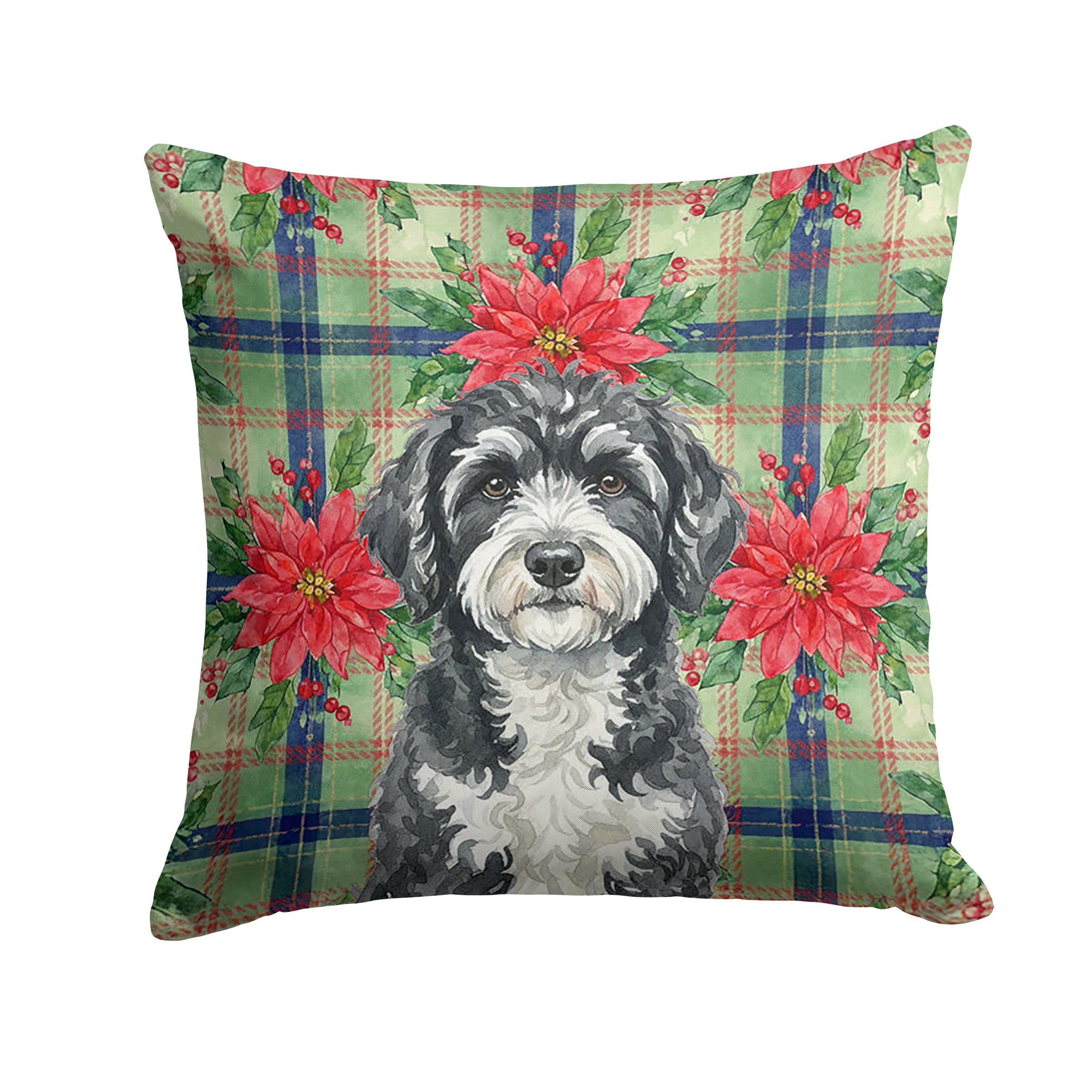 Portuguese Water Dog Christmas PoinsettIas Decorative Throw Pillow 14x14 Indoor Outdoor Accent Cushion, Fabric Cover with Insert for Sofa, Bed, Porch & Living Room