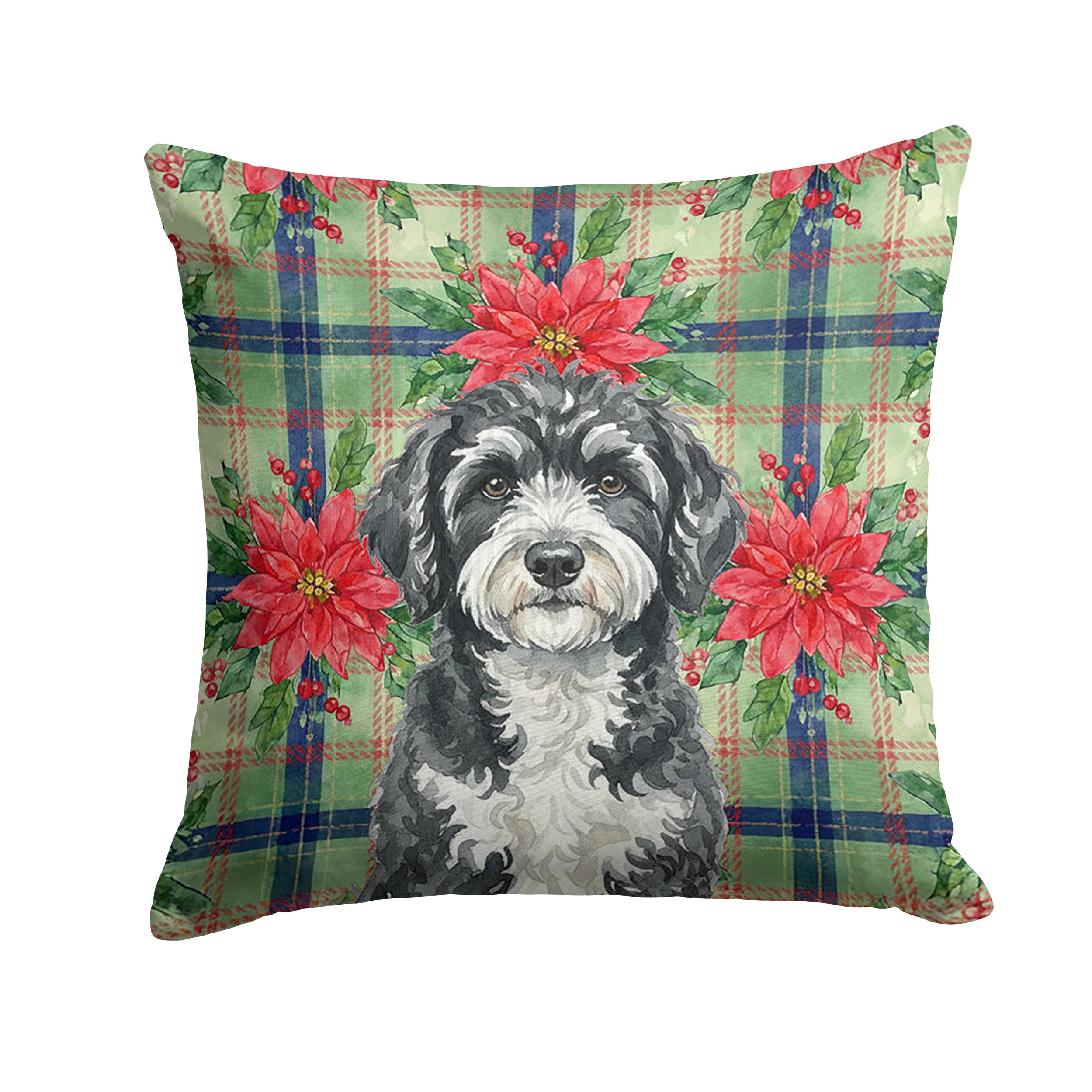 Portuguese Water Dog Christmas PoinsettIas Decorative Throw Pillow 18x18 Indoor Outdoor Accent Cushion, Fabric Cover with Insert for Sofa, Bed, Porch & Living Room