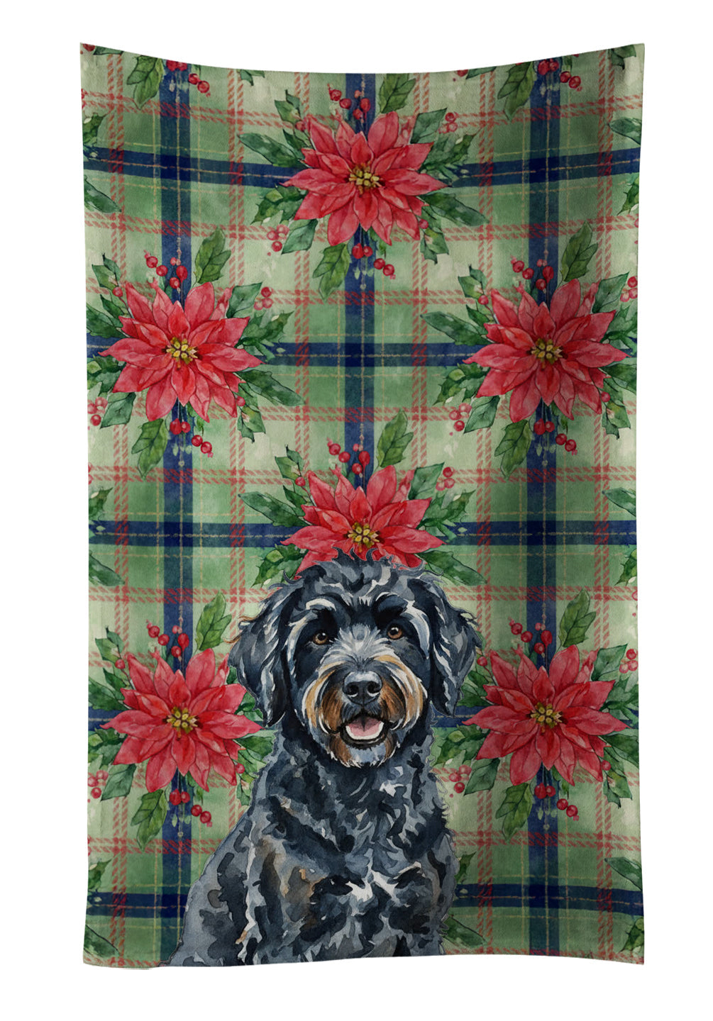 Black Portuguese Water Dog Christmas PoinsettIas Kitchen Towel Velour Plush Front and Cotton Loop Back Machine Washable