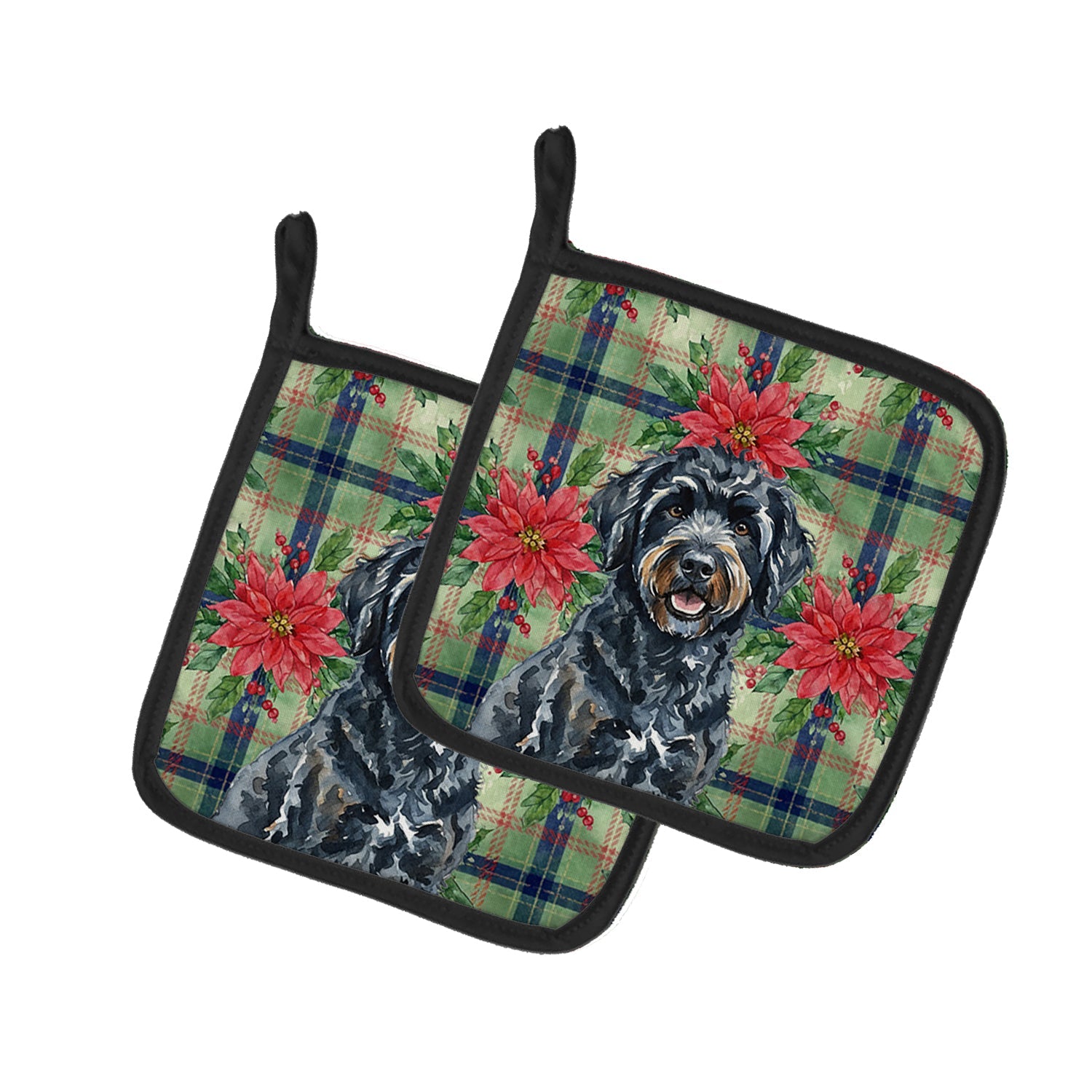 Black Portuguese Water Dog Christmas PoinsettIas Pot Holder Set of 2 Heat Resistant Quilted Hot Pads 7.5 x 7.5 Inch, Insulated Kitchen Trivets for Cooking & Baking