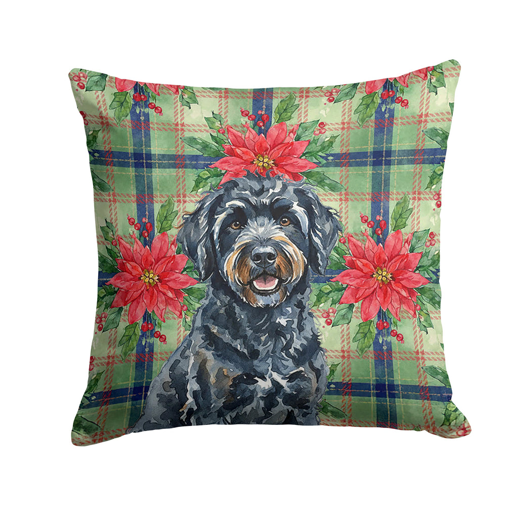 Black Portuguese Water Dog Christmas PoinsettIas Decorative Throw Pillow 18x18 Indoor Outdoor Accent Cushion, Fabric Cover with Insert for Sofa, Bed, Porch & Living Room
