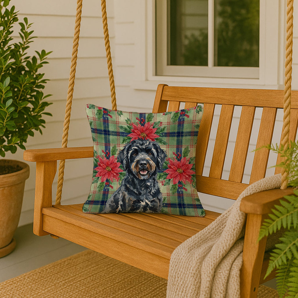 Black Portuguese Water Dog Christmas PoinsettIas Decorative Throw Pillow 18x18 Indoor Outdoor Accent Cushion, Fabric Cover with Insert for Sofa, Bed, Porch & Living Room