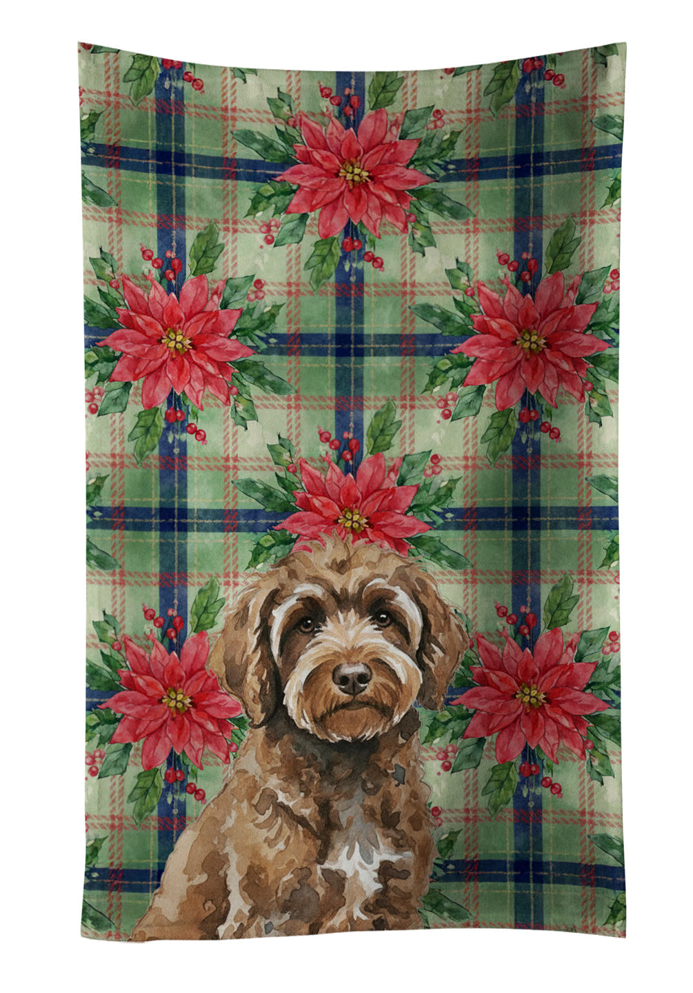 Brown Portuguese Water Dog Christmas PoinsettIas Kitchen Towel Velour Plush Front and Cotton Loop Back Machine Washable