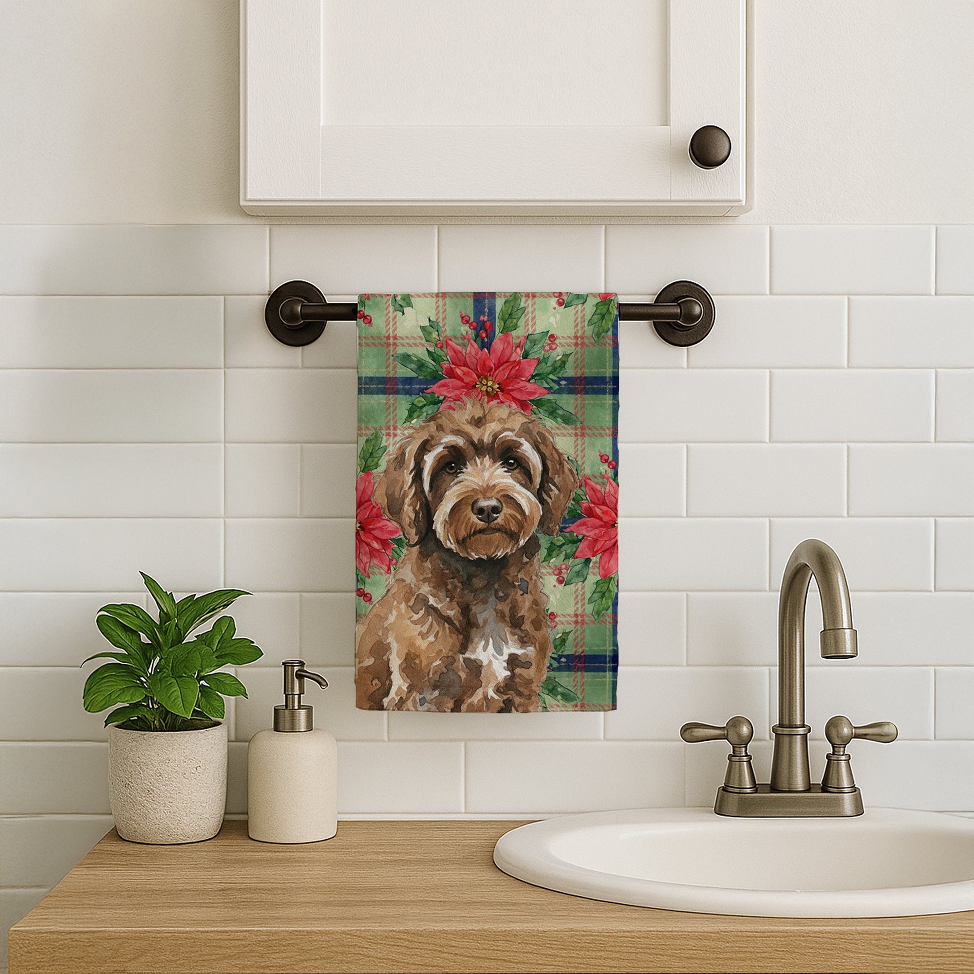 Brown Portuguese Water Dog Christmas PoinsettIas Kitchen Towel Velour Plush Front and Cotton Loop Back Machine Washable