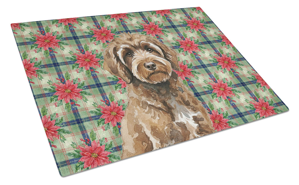 Brown Portuguese Water Dog Christmas PoinsettIas Cutting Board Tempered Glass Kitchen Cutting Surface, Heat Resistant Chopping, Non-Slip Feet, Food Prep & Serving