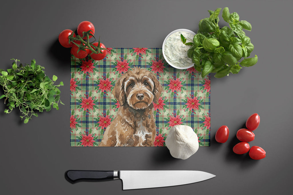 Brown Portuguese Water Dog Christmas PoinsettIas Cutting Board Tempered Glass Kitchen Cutting Surface, Heat Resistant Chopping, Non-Slip Feet, Food Prep & Serving