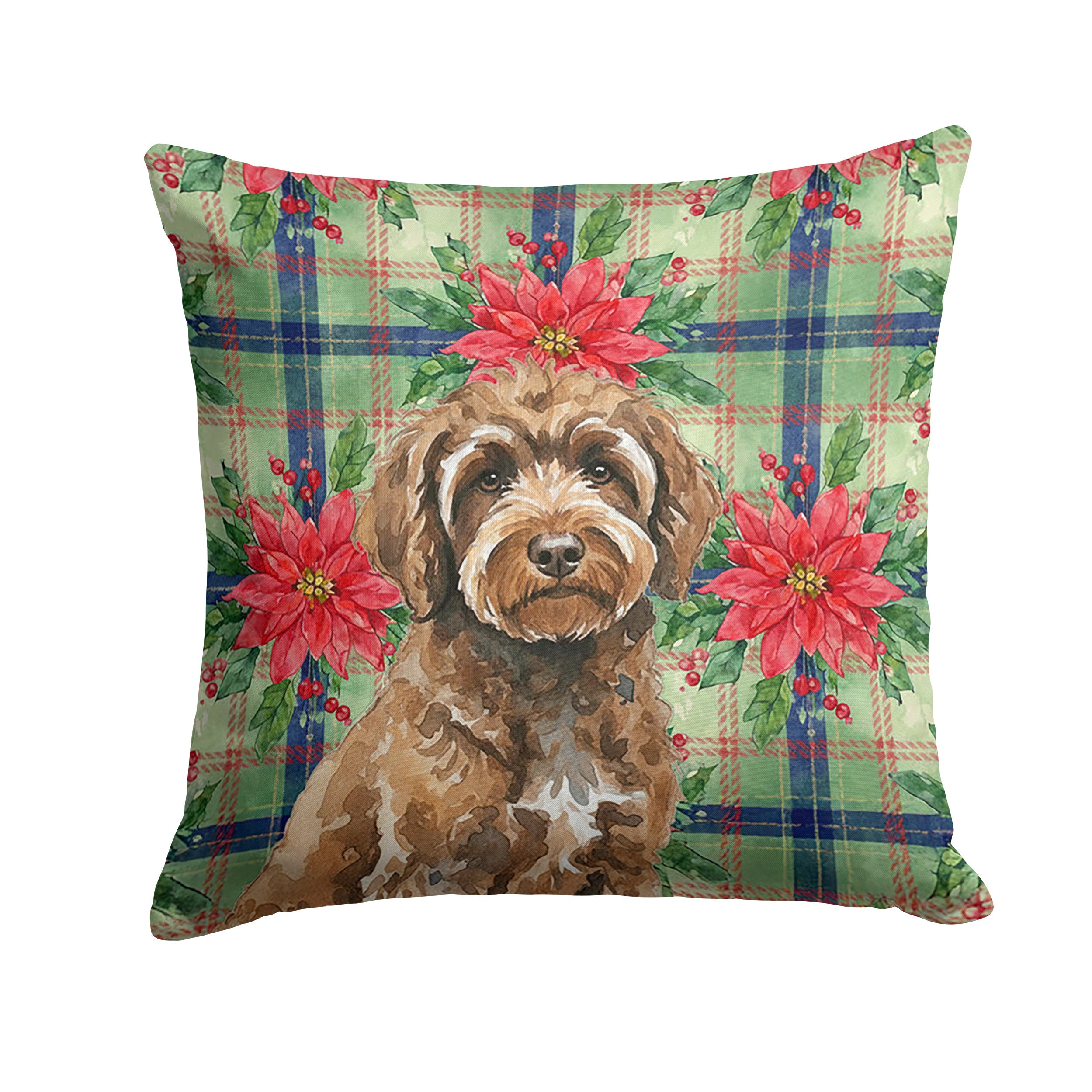 Brown Portuguese Water Dog Christmas PoinsettIas Decorative Throw Pillow 14x14 Indoor Outdoor Accent Cushion, Fabric Cover with Insert for Sofa, Bed, Porch & Living Room