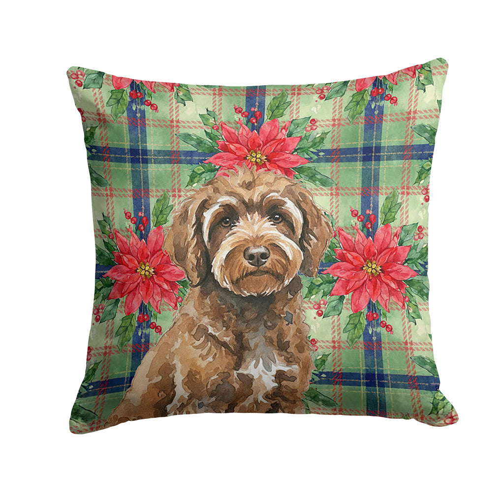 Brown Portuguese Water Dog Christmas PoinsettIas Decorative Throw Pillow 18x18 Indoor Outdoor Accent Cushion, Fabric Cover with Insert for Sofa, Bed, Porch & Living Room