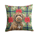 Brown Portuguese Water Dog Christmas PoinsettIas Decorative Throw Pillow 18x18 Indoor Outdoor Accent Cushion, Fabric Cover with Insert for Sofa, Bed, Porch & Living Room