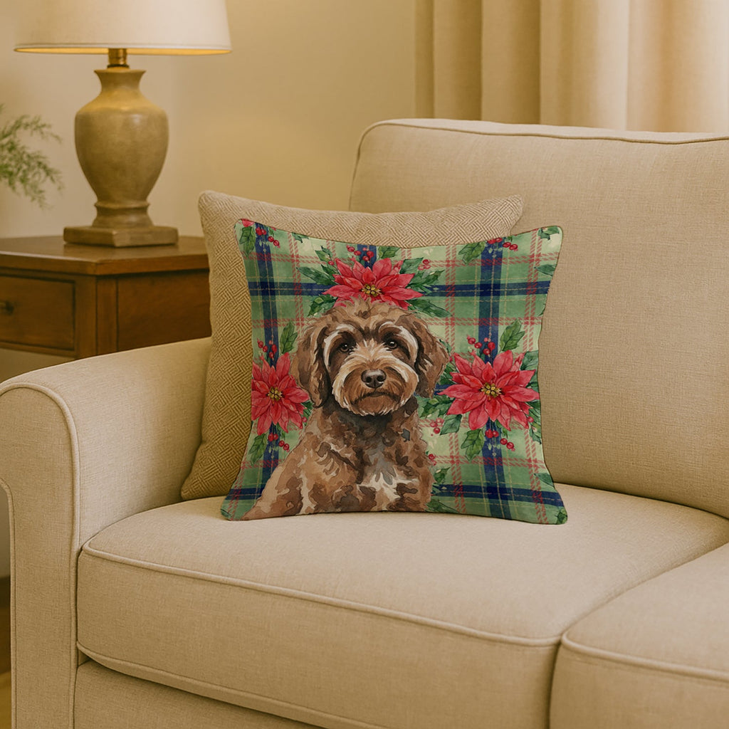 Brown Portuguese Water Dog Christmas PoinsettIas Decorative Throw Pillow 18x18 Indoor Outdoor Accent Cushion, Fabric Cover with Insert for Sofa, Bed, Porch & Living Room