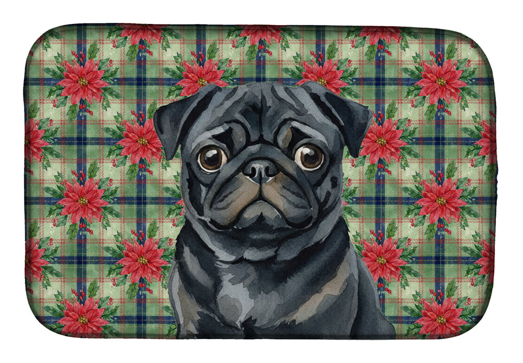 Black Pug Christmas PoinsettIas Dish Drying Mat Absorbent Dish Drying Mat Pad for Kitchen Counter Dish Drainer Mat for Countertop, 14 x 21", Multicolor