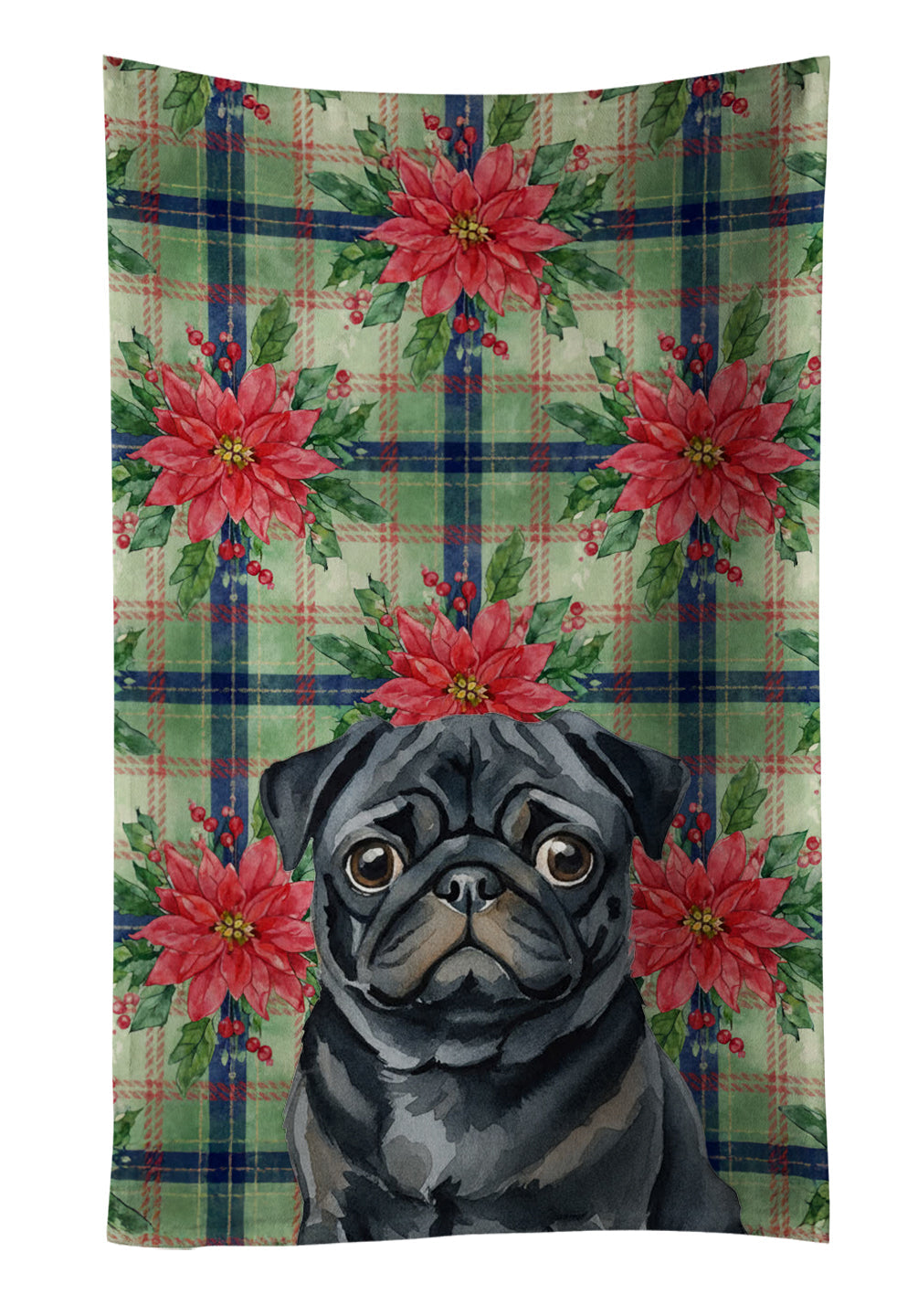 Black Pug Christmas PoinsettIas Kitchen Towel Velour Plush Front and Cotton Loop Back Machine Washable