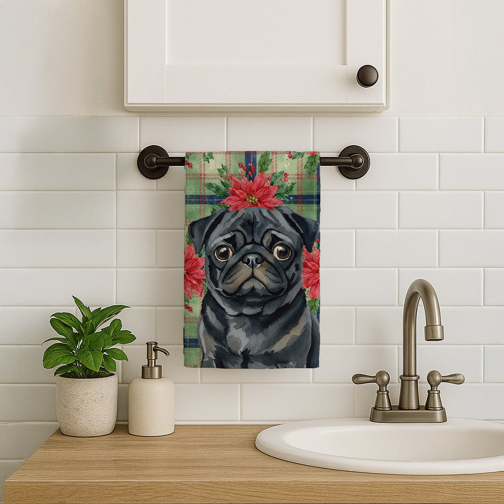Black Pug Christmas PoinsettIas Kitchen Towel Velour Plush Front and Cotton Loop Back Machine Washable