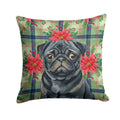 Black Pug Christmas PoinsettIas Decorative Throw Pillow 14x14 Indoor Outdoor Accent Cushion, Fabric Cover with Insert for Sofa, Bed, Porch & Living Room