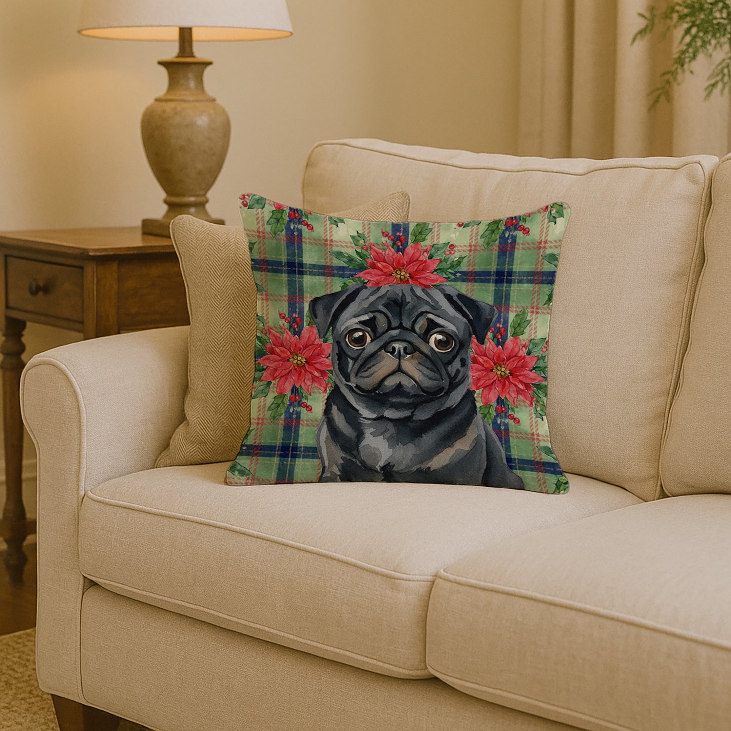 Black Pug Christmas PoinsettIas Decorative Throw Pillow 14x14 Indoor Outdoor Accent Cushion, Fabric Cover with Insert for Sofa, Bed, Porch & Living Room