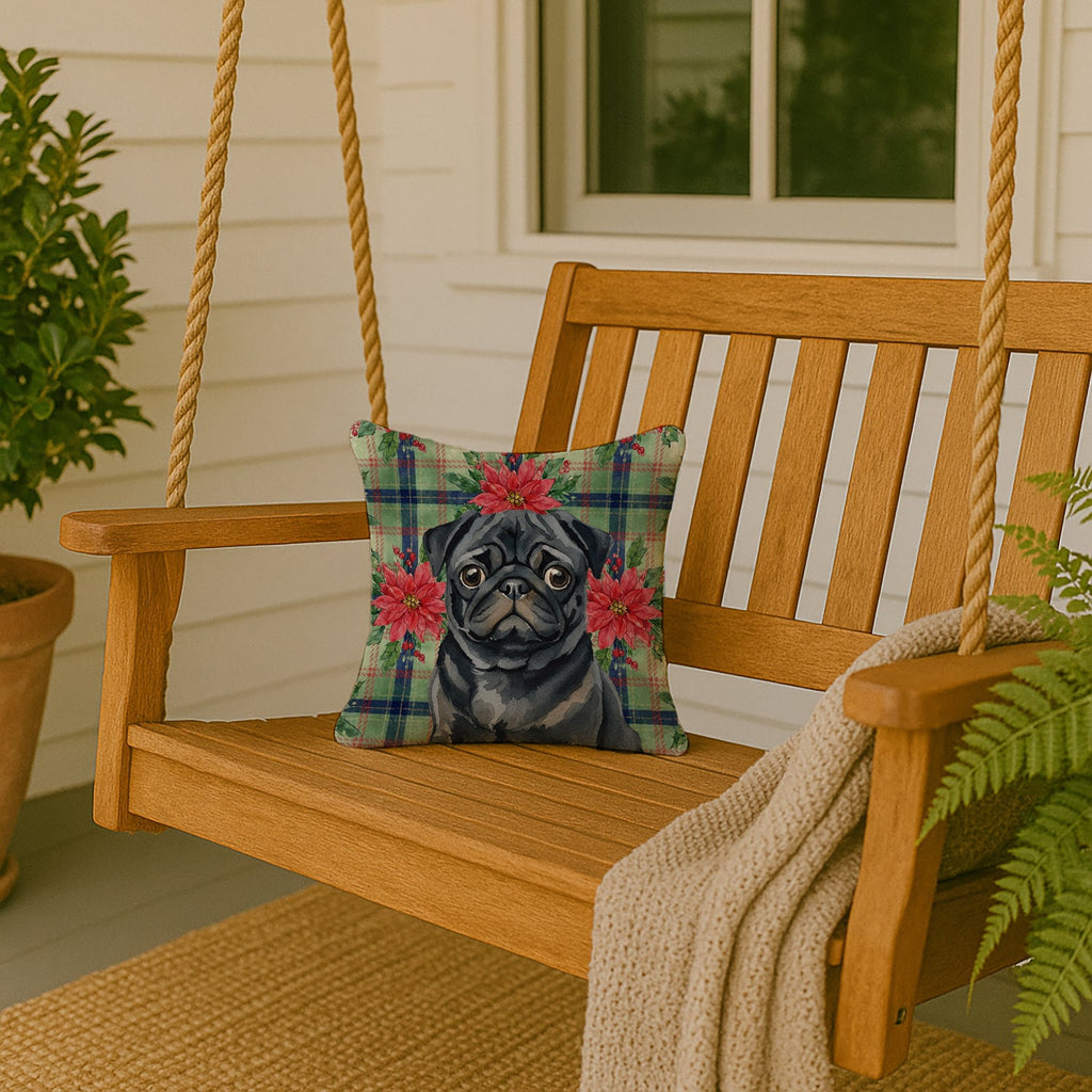Black Pug Christmas PoinsettIas Decorative Throw Pillow 14x14 Indoor Outdoor Accent Cushion, Fabric Cover with Insert for Sofa, Bed, Porch & Living Room