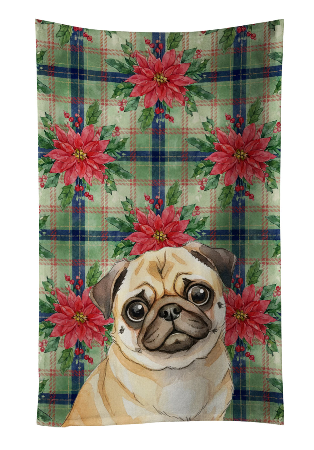 Fawn Pug Christmas PoinsettIas Kitchen Towel Velour Plush Front and Cotton Loop Back Machine Washable