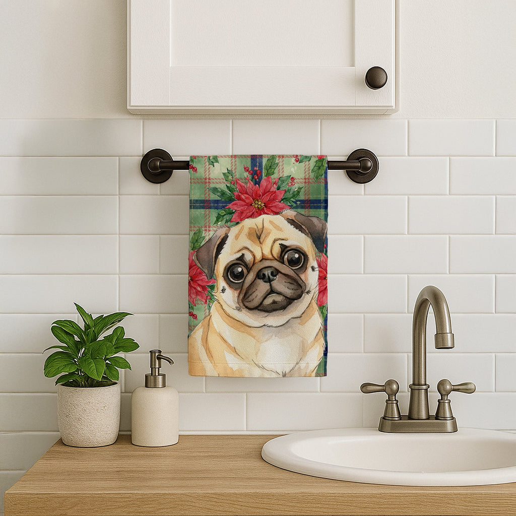 Fawn Pug Christmas PoinsettIas Kitchen Towel Velour Plush Front and Cotton Loop Back Machine Washable