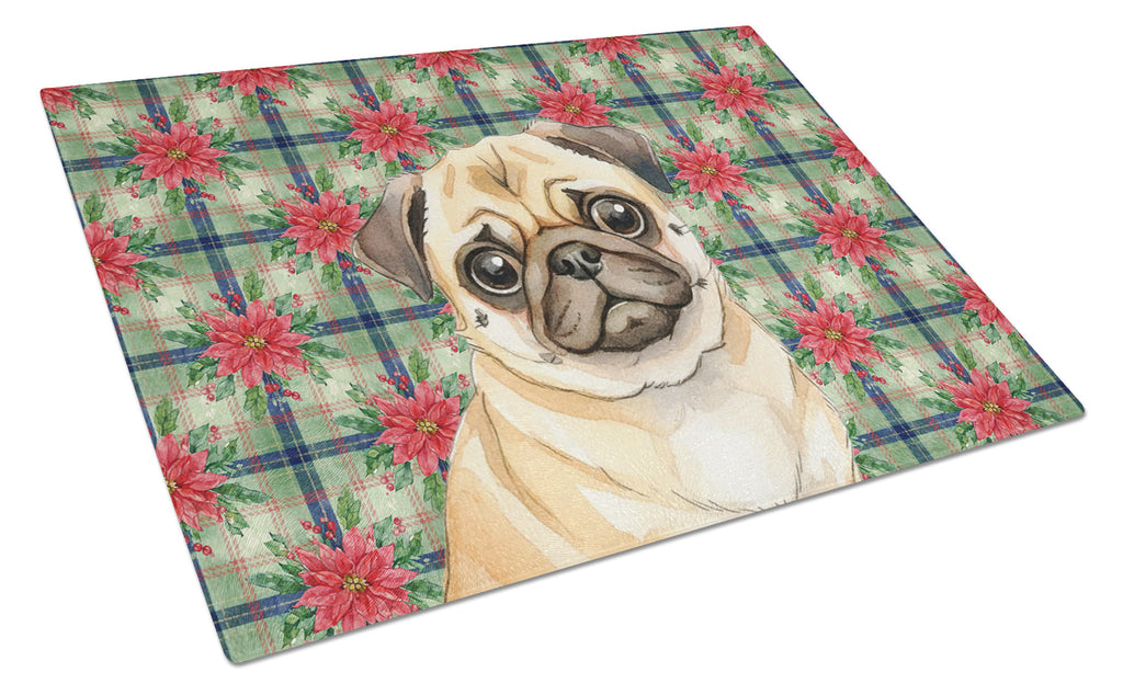 Fawn Pug Christmas PoinsettIas Cutting Board Tempered Glass Kitchen Cutting Surface, Heat Resistant Chopping, Non-Slip Feet, Food Prep & Serving