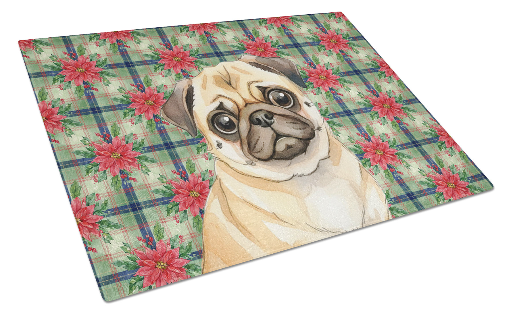 Fawn Pug Christmas PoinsettIas Cutting Board Tempered Glass Kitchen Cutting Surface, Heat Resistant Chopping, Non-Slip Feet, Food Prep & Serving