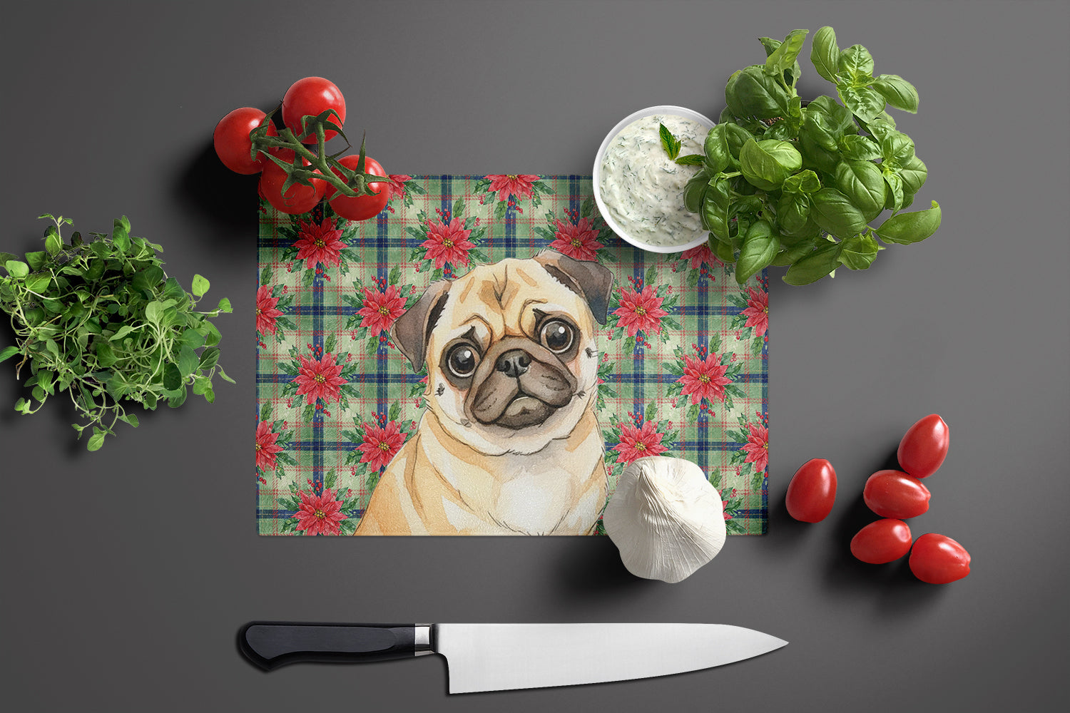 Fawn Pug Christmas PoinsettIas Cutting Board Tempered Glass Kitchen Cutting Surface, Heat Resistant Chopping, Non-Slip Feet, Food Prep & Serving