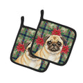 Fawn Pug Christmas PoinsettIas Pot Holder Set of 2 Heat Resistant Quilted Hot Pads 7.5 x 7.5 Inch, Insulated Kitchen Trivets for Cooking & Baking