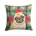 Fawn Pug Christmas PoinsettIas Decorative Throw Pillow 14x14 Indoor Outdoor Accent Cushion, Fabric Cover with Insert for Sofa, Bed, Porch & Living Room