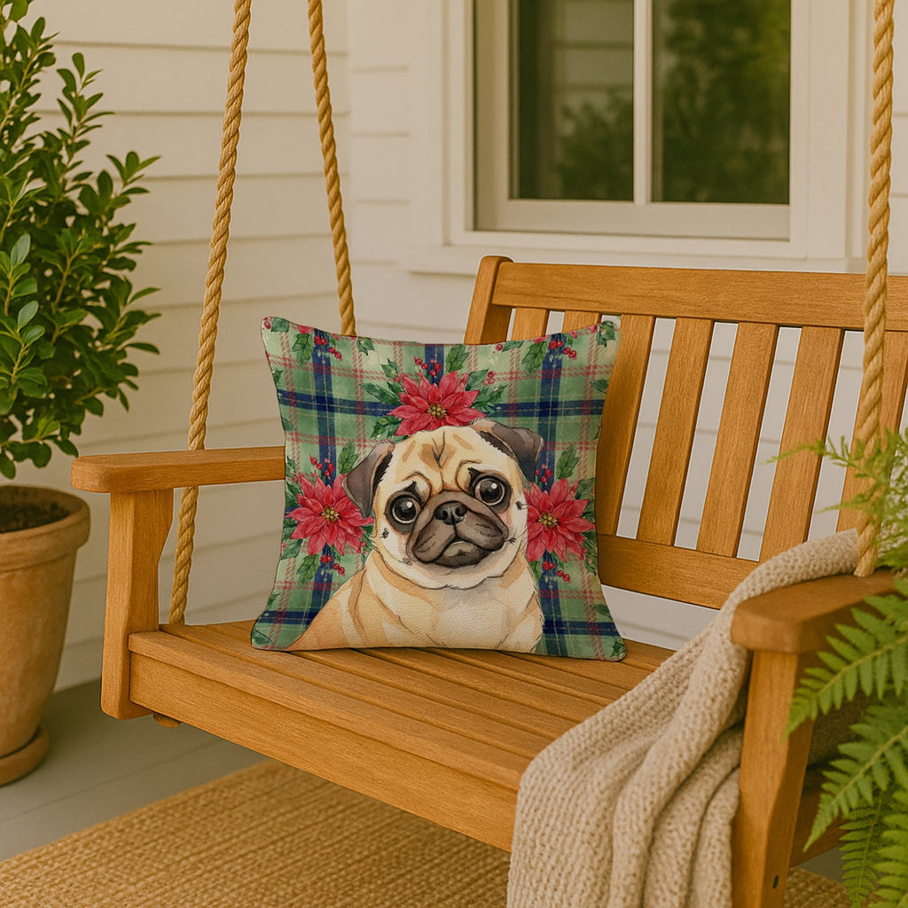 Fawn Pug Christmas PoinsettIas Decorative Throw Pillow 18x18 Indoor Outdoor Accent Cushion, Fabric Cover with Insert for Sofa, Bed, Porch & Living Room
