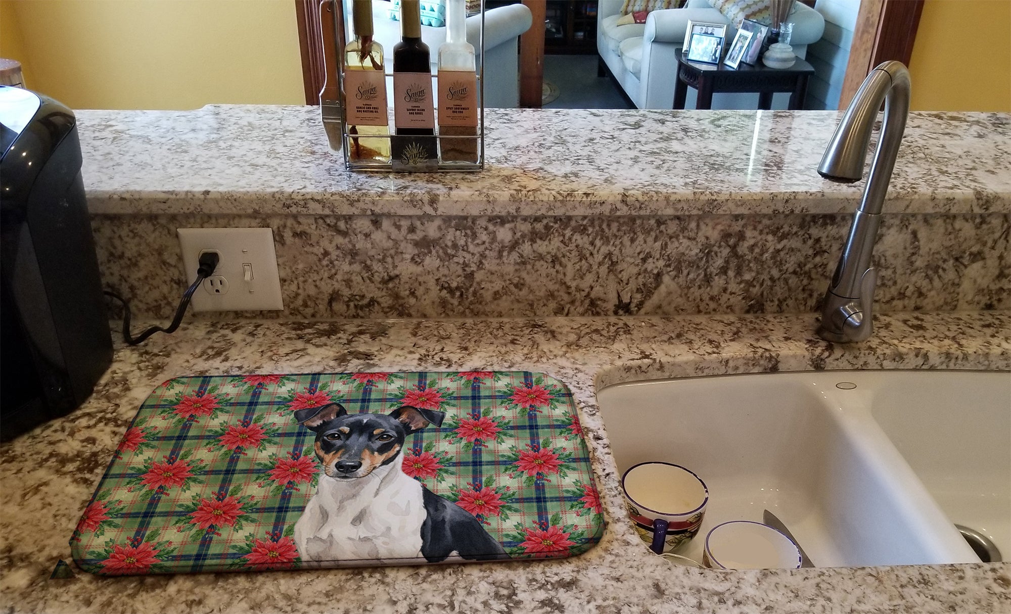 Black and White Rat Terrier Christmas PoinsettIas Dish Drying Mat Absorbent Dish Drying Mat Pad for Kitchen Counter Dish Drainer Mat for Countertop, 14 x 21", Multicolor