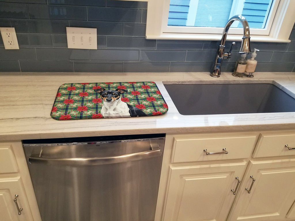 Black and White Rat Terrier Christmas PoinsettIas Dish Drying Mat Absorbent Dish Drying Mat Pad for Kitchen Counter Dish Drainer Mat for Countertop, 14 x 21", Multicolor