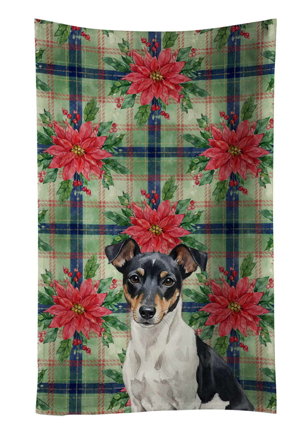 Black and White Rat Terrier Christmas PoinsettIas Kitchen Towel Velour Plush Front and Cotton Loop Back Machine Washable