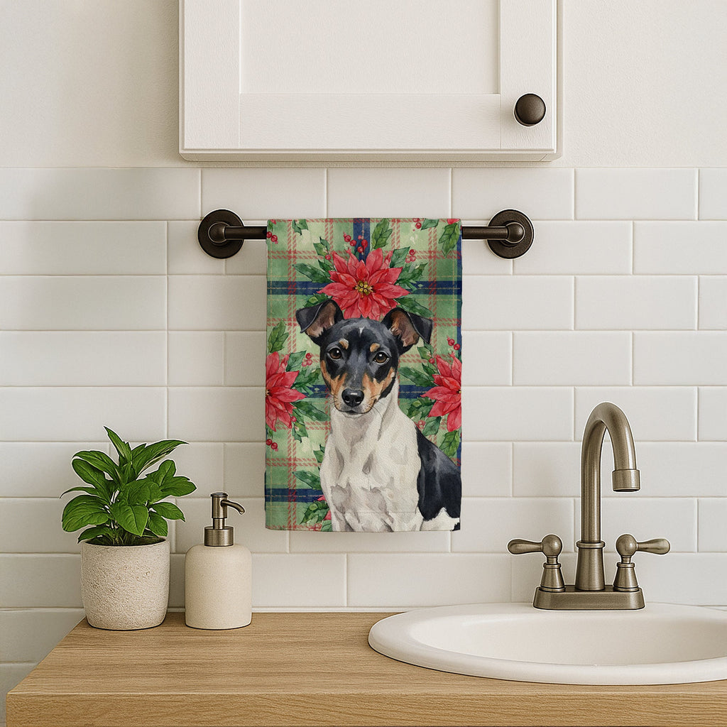 Black and White Rat Terrier Christmas PoinsettIas Kitchen Towel Velour Plush Front and Cotton Loop Back Machine Washable