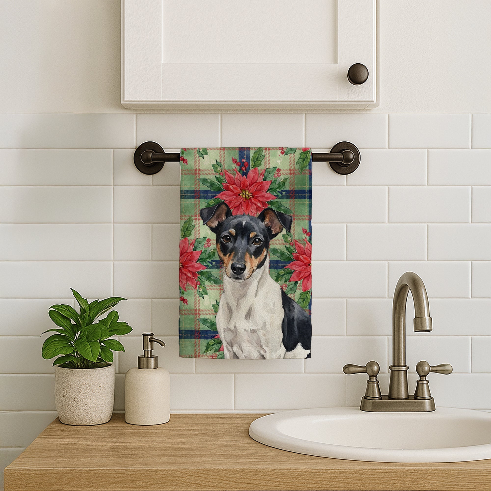 Black and White Rat Terrier Christmas PoinsettIas Kitchen Towel Velour Plush Front and Cotton Loop Back Machine Washable