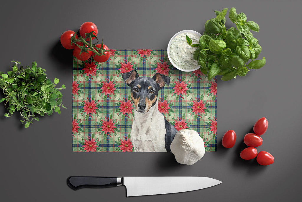 Black and White Rat Terrier Christmas PoinsettIas Cutting Board Tempered Glass Kitchen Cutting Surface, Heat Resistant Chopping, Non-Slip Feet, Food Prep & Serving