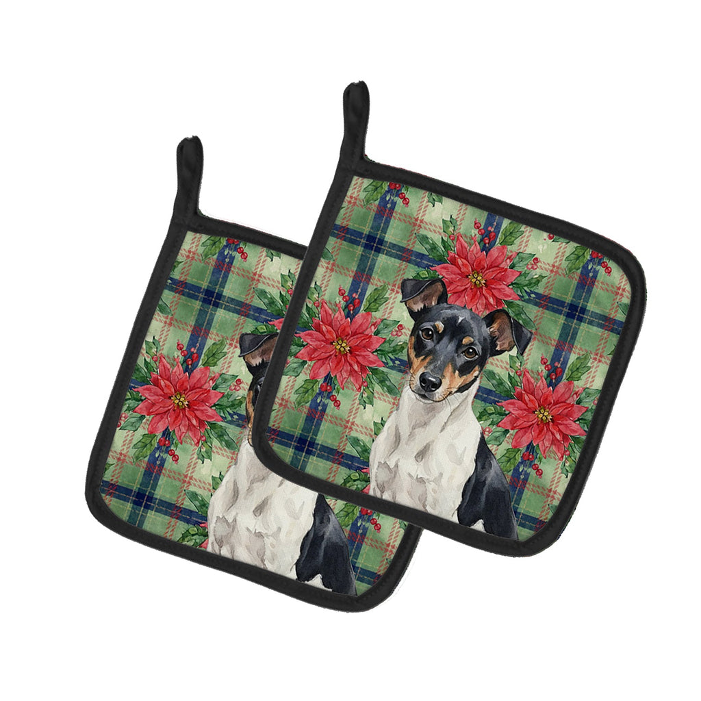 Black and White Rat Terrier Christmas PoinsettIas Pot Holder Set of 2 Heat Resistant Quilted Hot Pads 7.5 x 7.5 Inch, Insulated Kitchen Trivets for Cooking & Baking