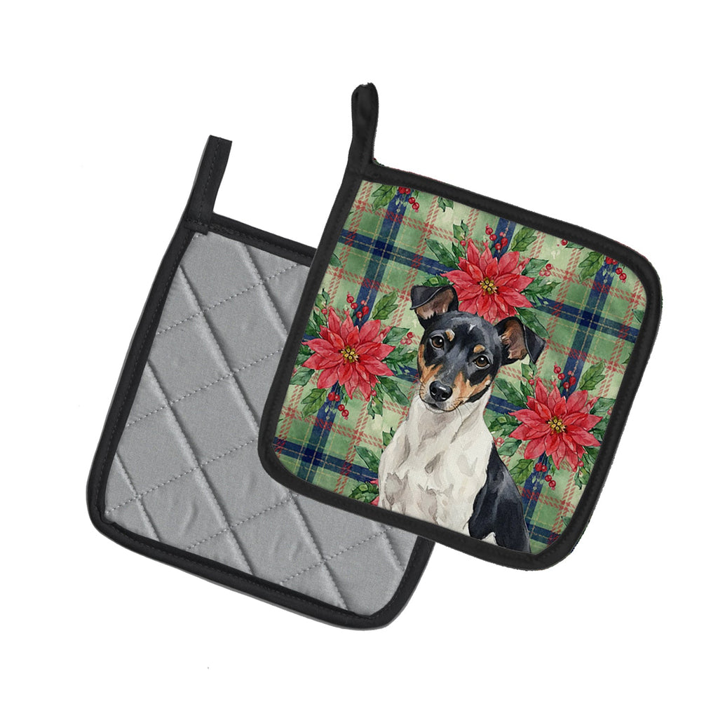 Black and White Rat Terrier Christmas PoinsettIas Pot Holder Set of 2 Heat Resistant Quilted Hot Pads 7.5 x 7.5 Inch, Insulated Kitchen Trivets for Cooking & Baking