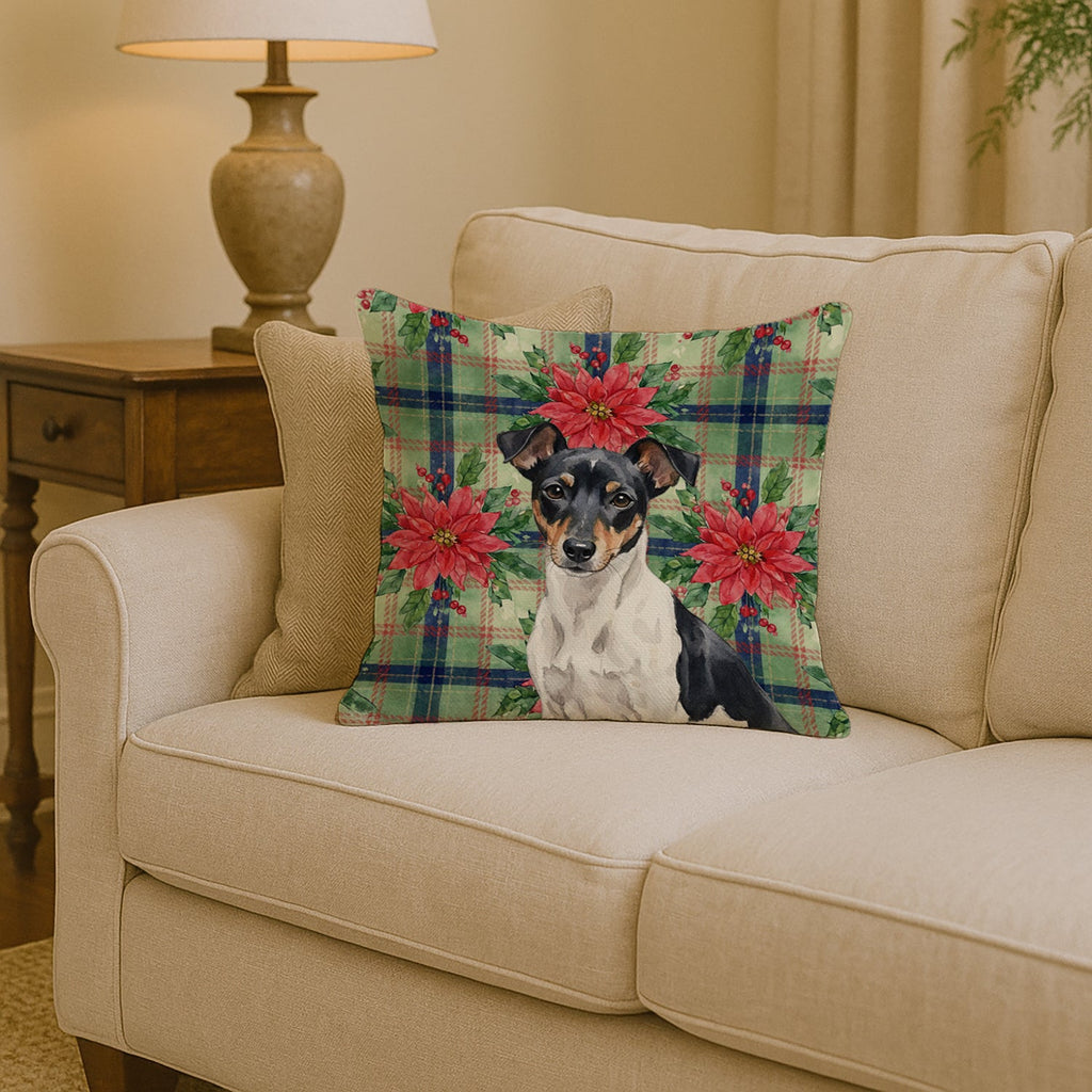 Black and White Rat Terrier Christmas PoinsettIas Decorative Throw Pillow 14x14 Indoor Outdoor Accent Cushion, Fabric Cover with Insert for Sofa, Bed, Porch & Living Room