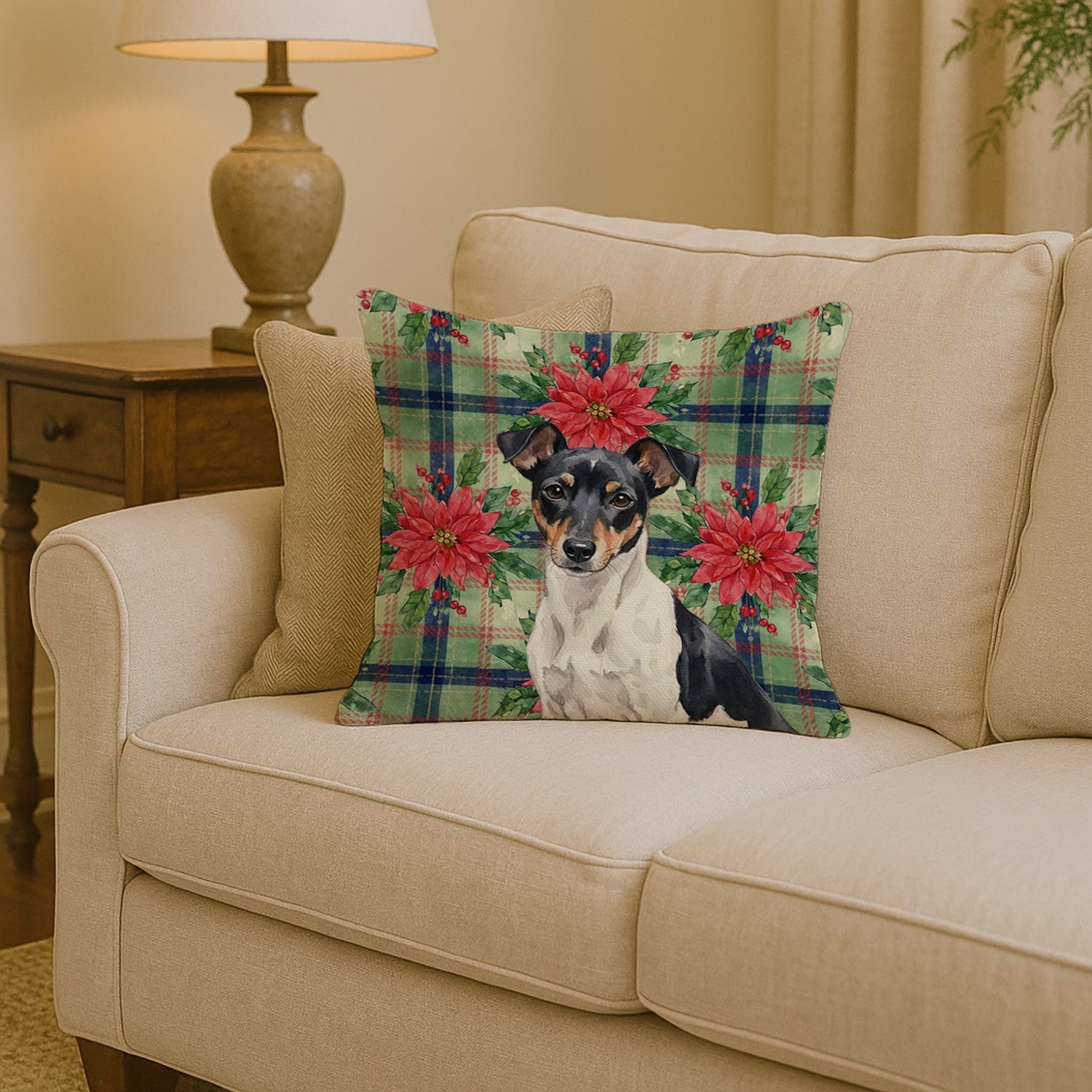 Black and White Rat Terrier Christmas PoinsettIas Decorative Throw Pillow 14x14 Indoor Outdoor Accent Cushion, Fabric Cover with Insert for Sofa, Bed, Porch & Living Room