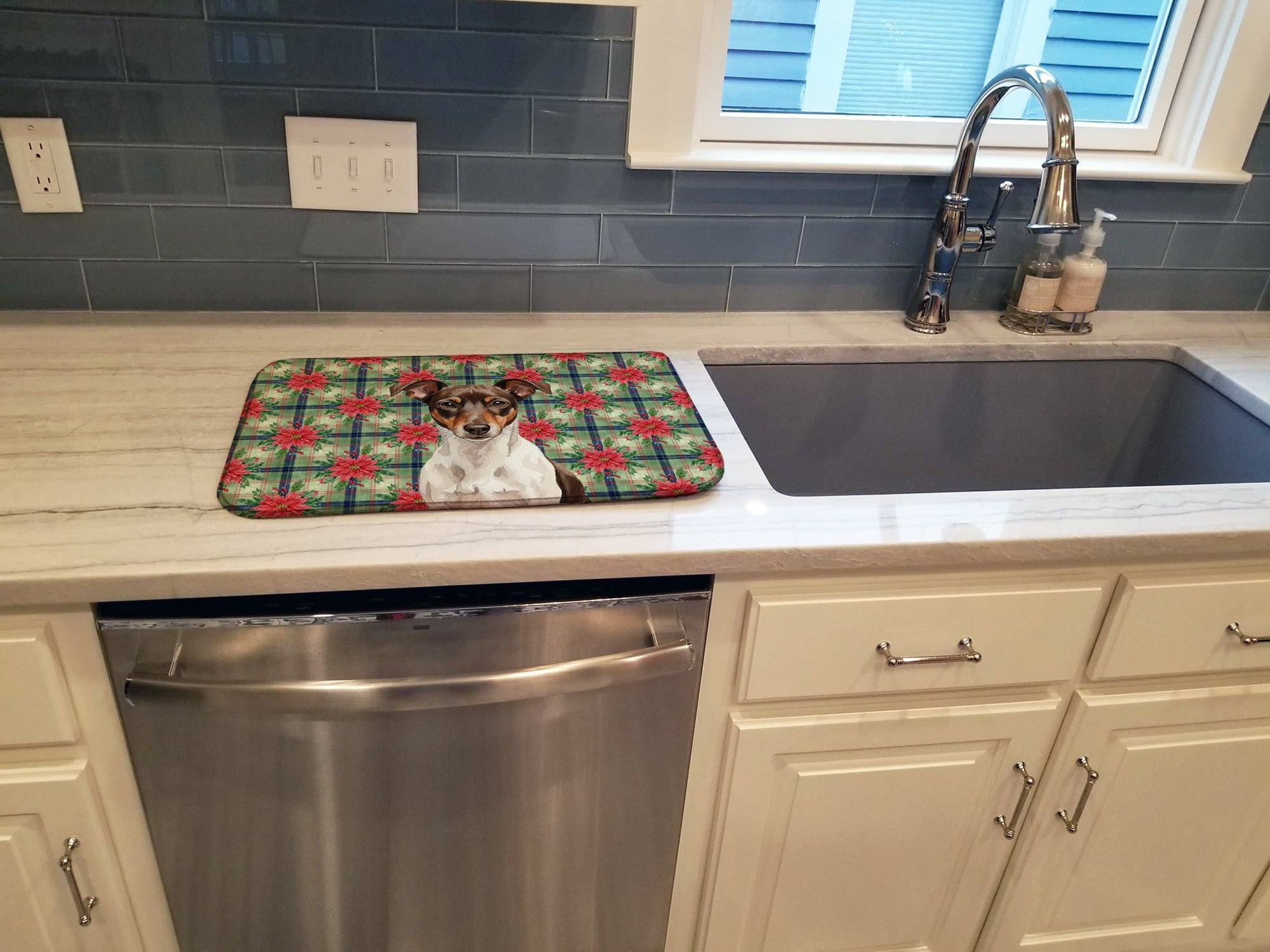 Chocolate and White Rat Terrier Christmas PoinsettIas Dish Drying Mat Absorbent Dish Drying Mat Pad for Kitchen Counter Dish Drainer Mat for Countertop, 14 x 21", Multicolor