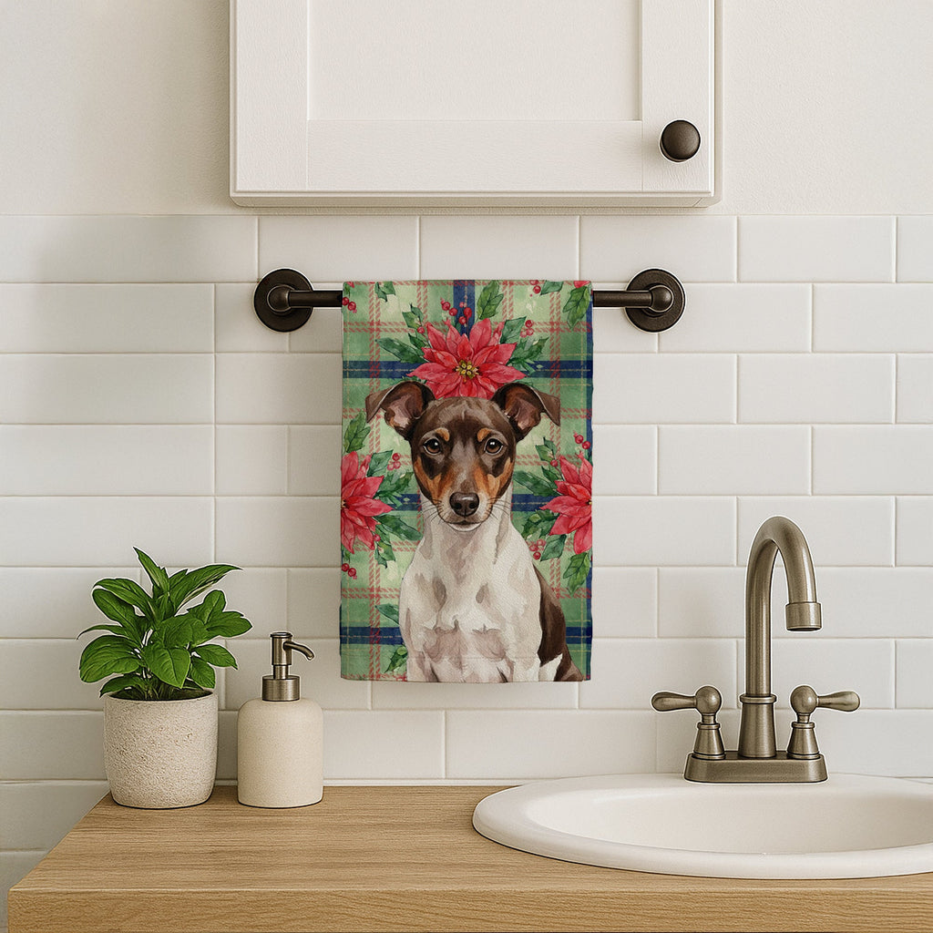 Chocolate and White Rat Terrier Christmas PoinsettIas Kitchen Towel Velour Plush Front and Cotton Loop Back Machine Washable