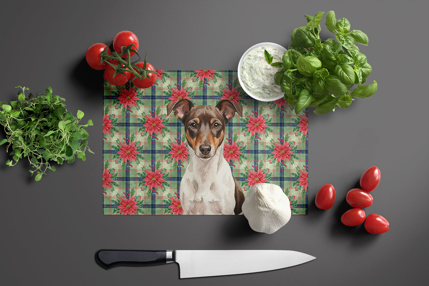 Chocolate and White Rat Terrier Christmas PoinsettIas Cutting Board Tempered Glass Kitchen Cutting Surface, Heat Resistant Chopping, Non-Slip Feet, Food Prep & Serving