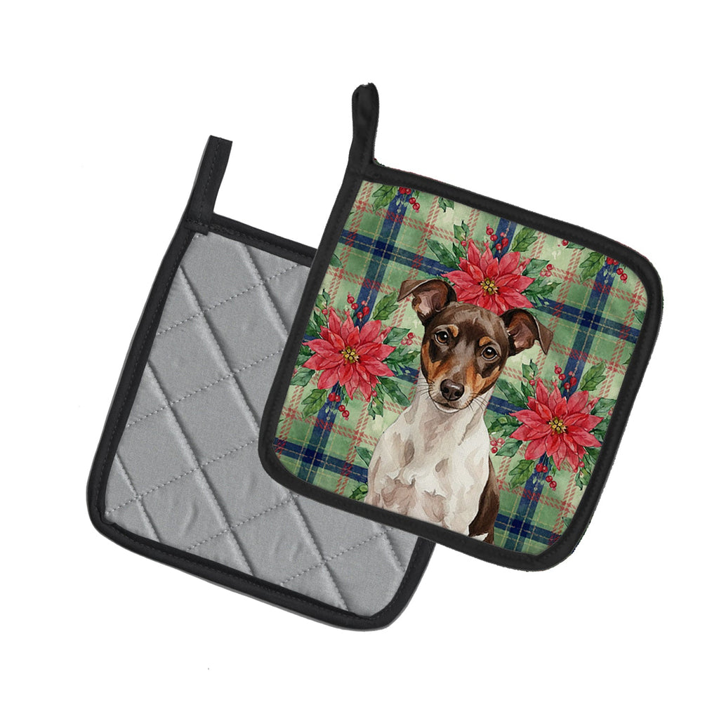 Chocolate and White Rat Terrier Christmas PoinsettIas Pot Holder Set of 2 Heat Resistant Quilted Hot Pads 7.5 x 7.5 Inch, Insulated Kitchen Trivets for Cooking & Baking