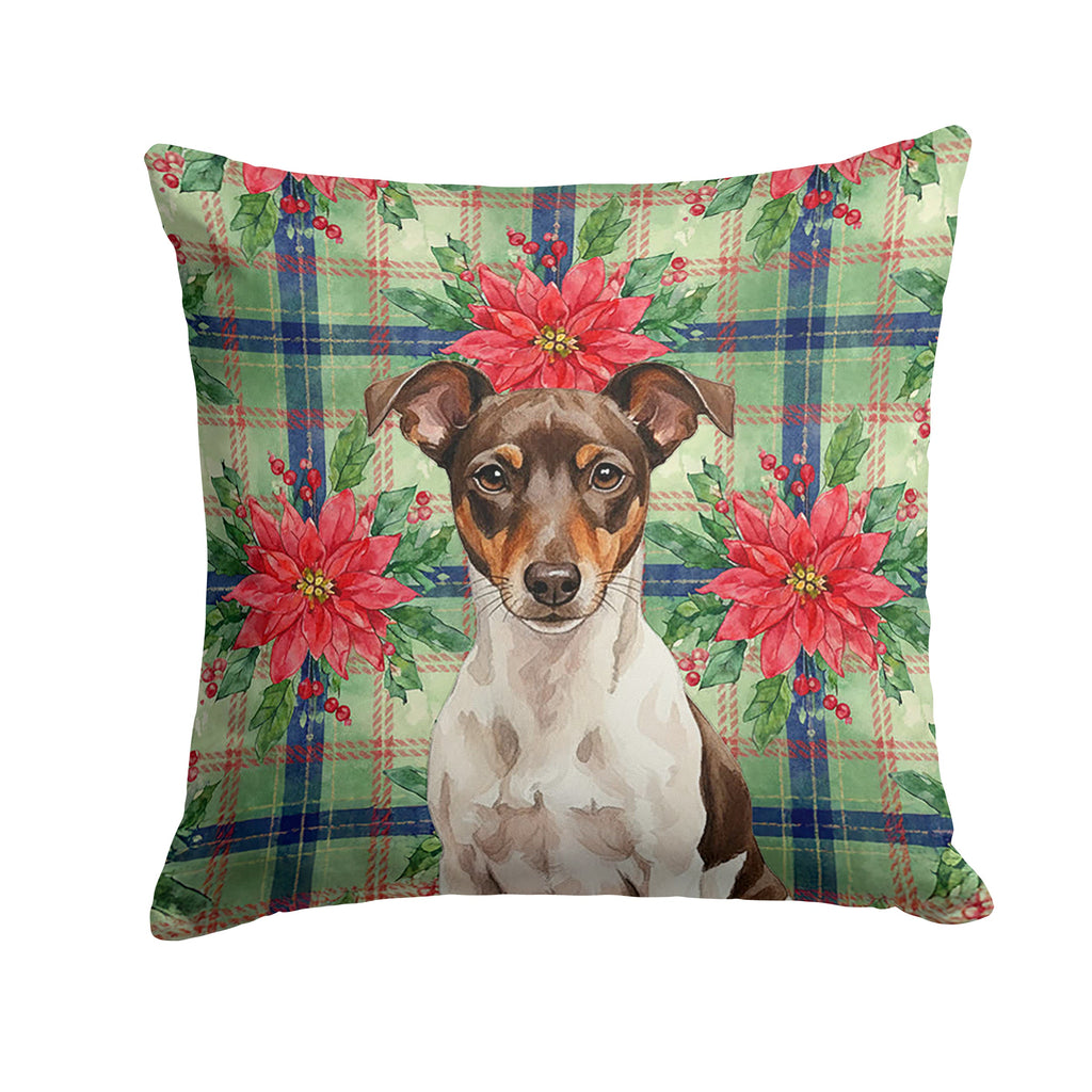 Chocolate and White Rat Terrier Christmas PoinsettIas Decorative Throw Pillow 14x14 Indoor Outdoor Accent Cushion, Fabric Cover with Insert for Sofa, Bed, Porch & Living Room