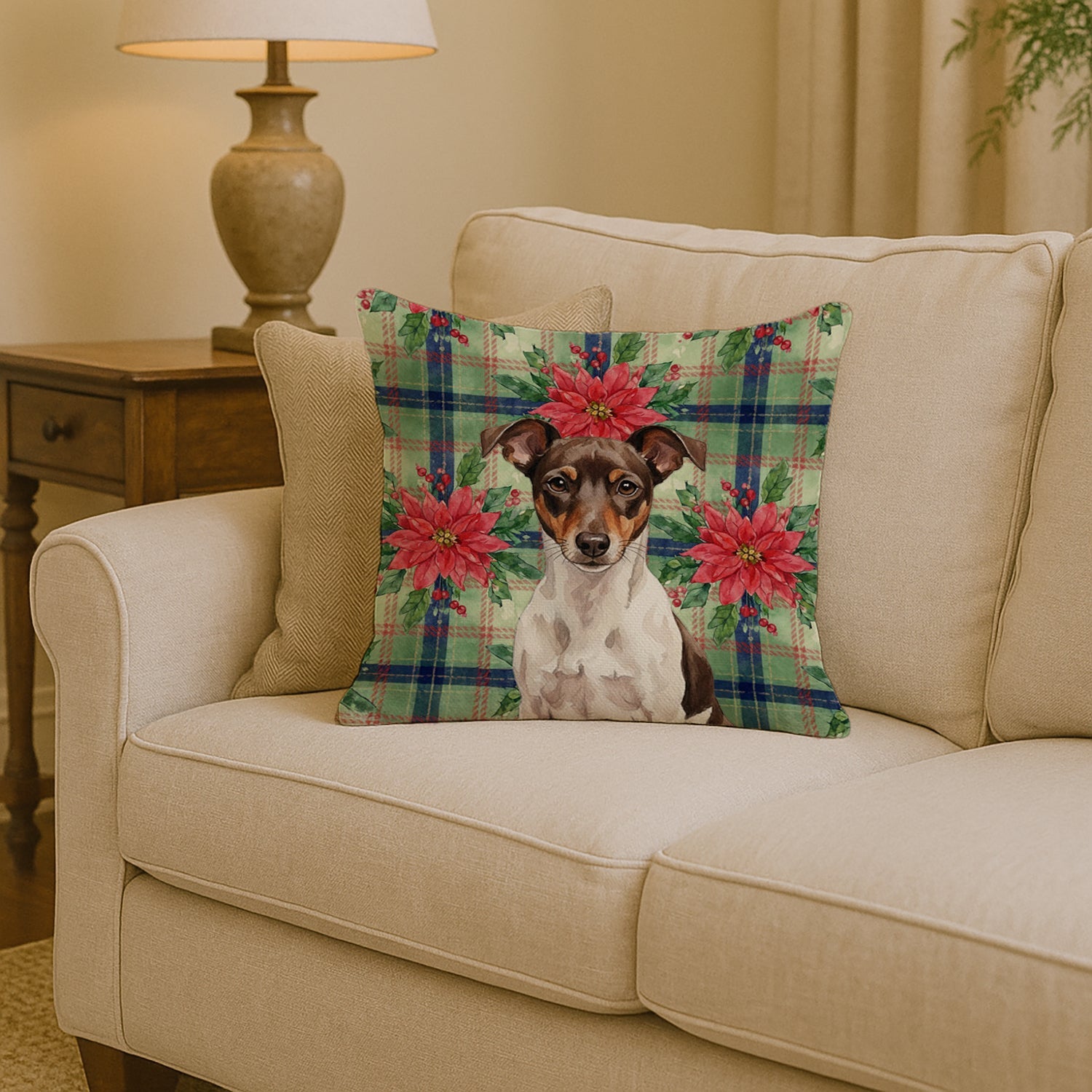 Chocolate and White Rat Terrier Christmas PoinsettIas Decorative Throw Pillow 14x14 Indoor Outdoor Accent Cushion, Fabric Cover with Insert for Sofa, Bed, Porch & Living Room