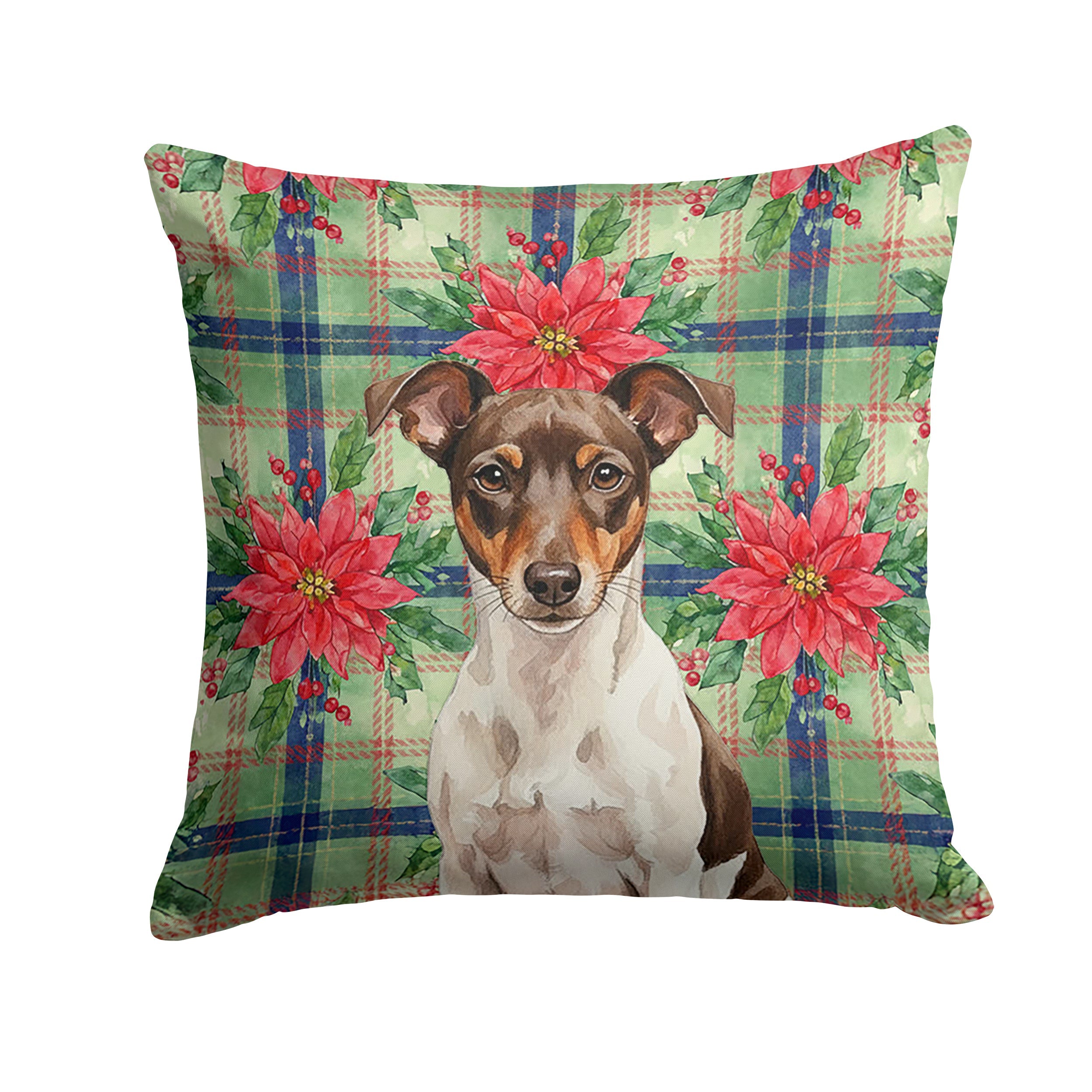 Chocolate and White Rat Terrier Christmas PoinsettIas Decorative Throw Pillow 18x18 Indoor Outdoor Accent Cushion, Fabric Cover with Insert for Sofa, Bed, Porch & Living Room