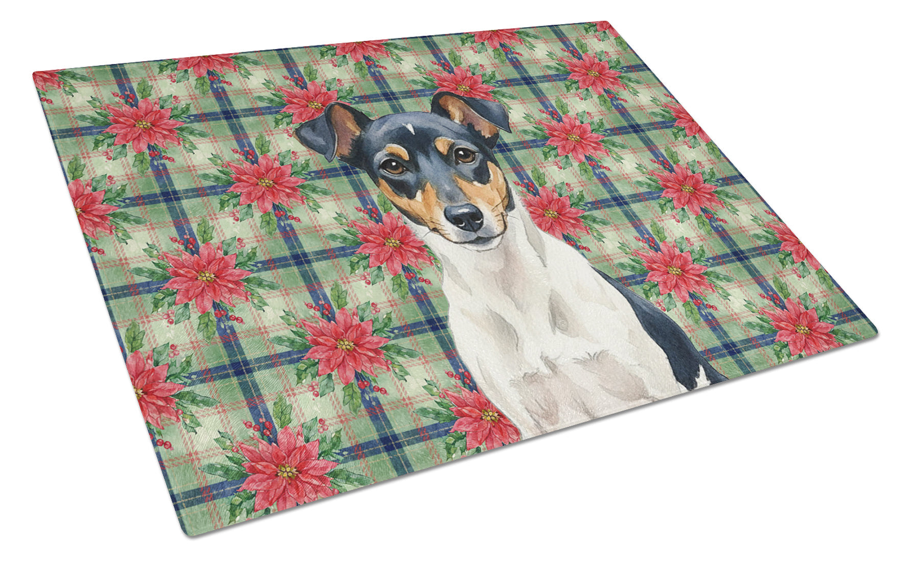 Tricolor Rat Terrier Christmas PoinsettIas Cutting Board Tempered Glass Kitchen Cutting Surface, Heat Resistant Chopping, Non-Slip Feet, Food Prep & Serving