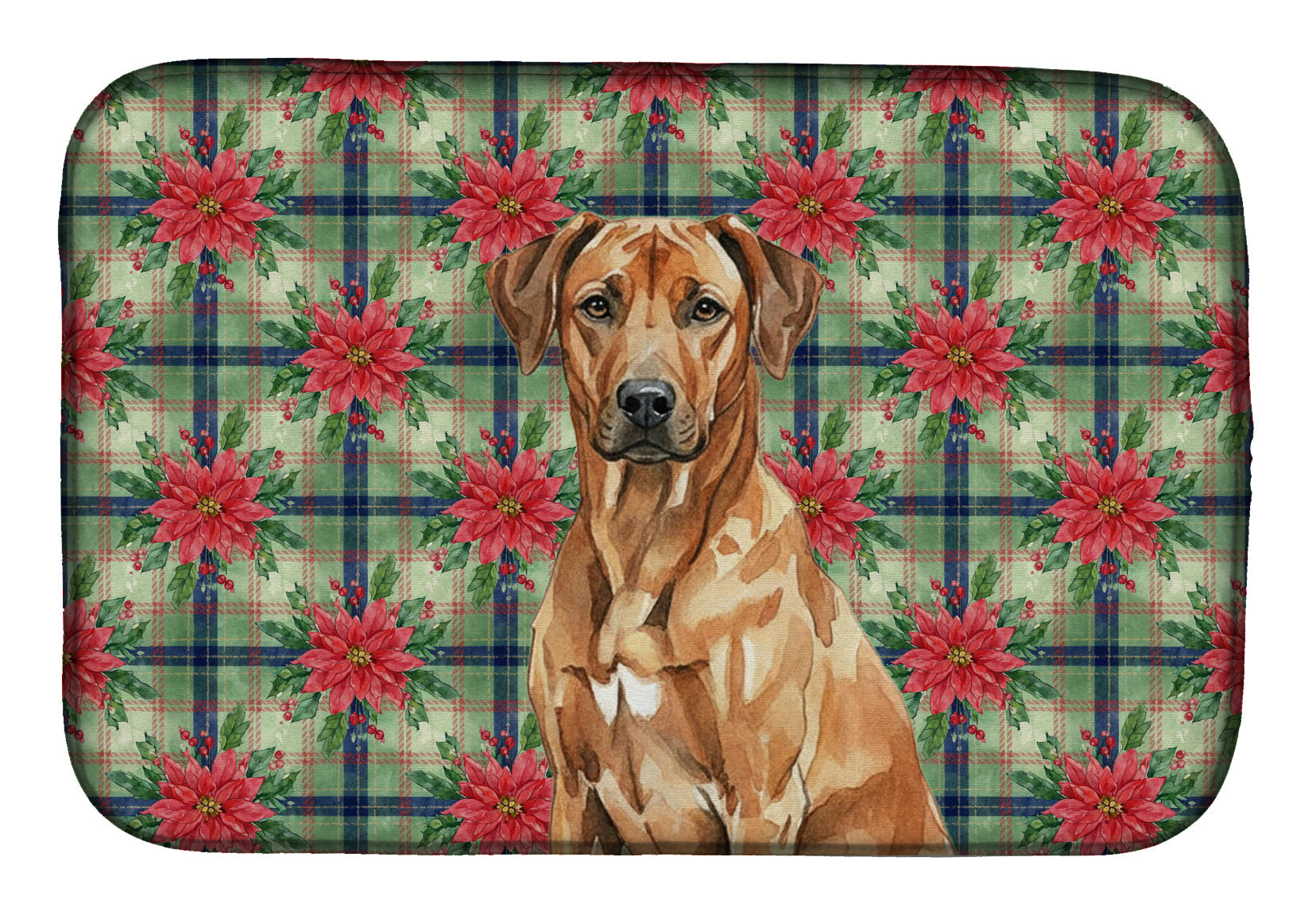 Rhodesian Ridgeback Christmas PoinsettIas Dish Drying Mat Absorbent Dish Drying Mat Pad for Kitchen Counter Dish Drainer Mat for Countertop, 14 x 21", Multicolor