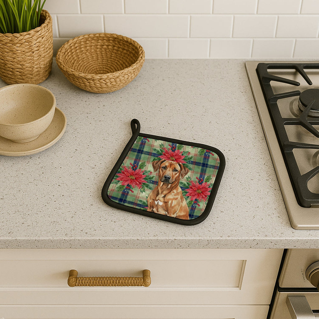 Rhodesian Ridgeback Christmas PoinsettIas Pot Holder Set of 2 Heat Resistant Quilted Hot Pads 7.5 x 7.5 Inch, Insulated Kitchen Trivets for Cooking & Baking